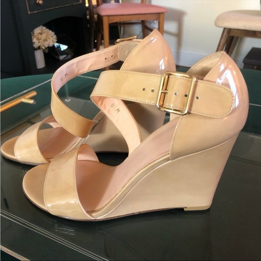 Stuart Weitzman Lineone Nude Patent Wedges Heels Shoes Size 8.5
